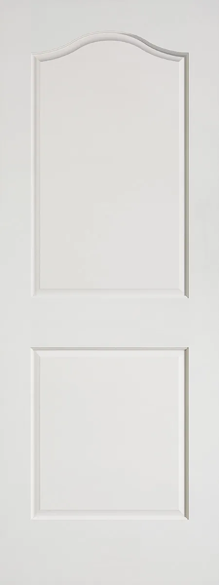 White two-panel interior door with an eyebrow-arch top panel