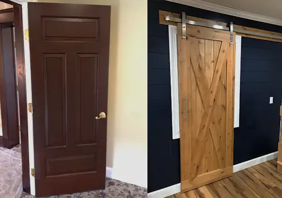 Dark stained panel door beside a rustic X-brace sliding barn door