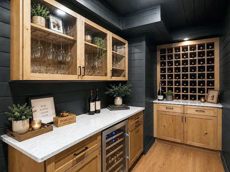 Wine bar with wood glass-front cabinets, a wine cubby wall, and black shiplap walls