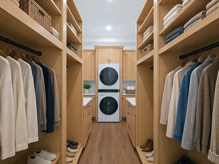 Walk-in closet with light wood shelving and hanging rods around a stacked washer and dryer