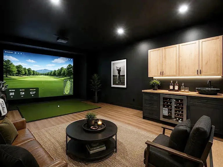 Media room with a golf simulator screen and a wood-and-charcoal bar with wine fridge