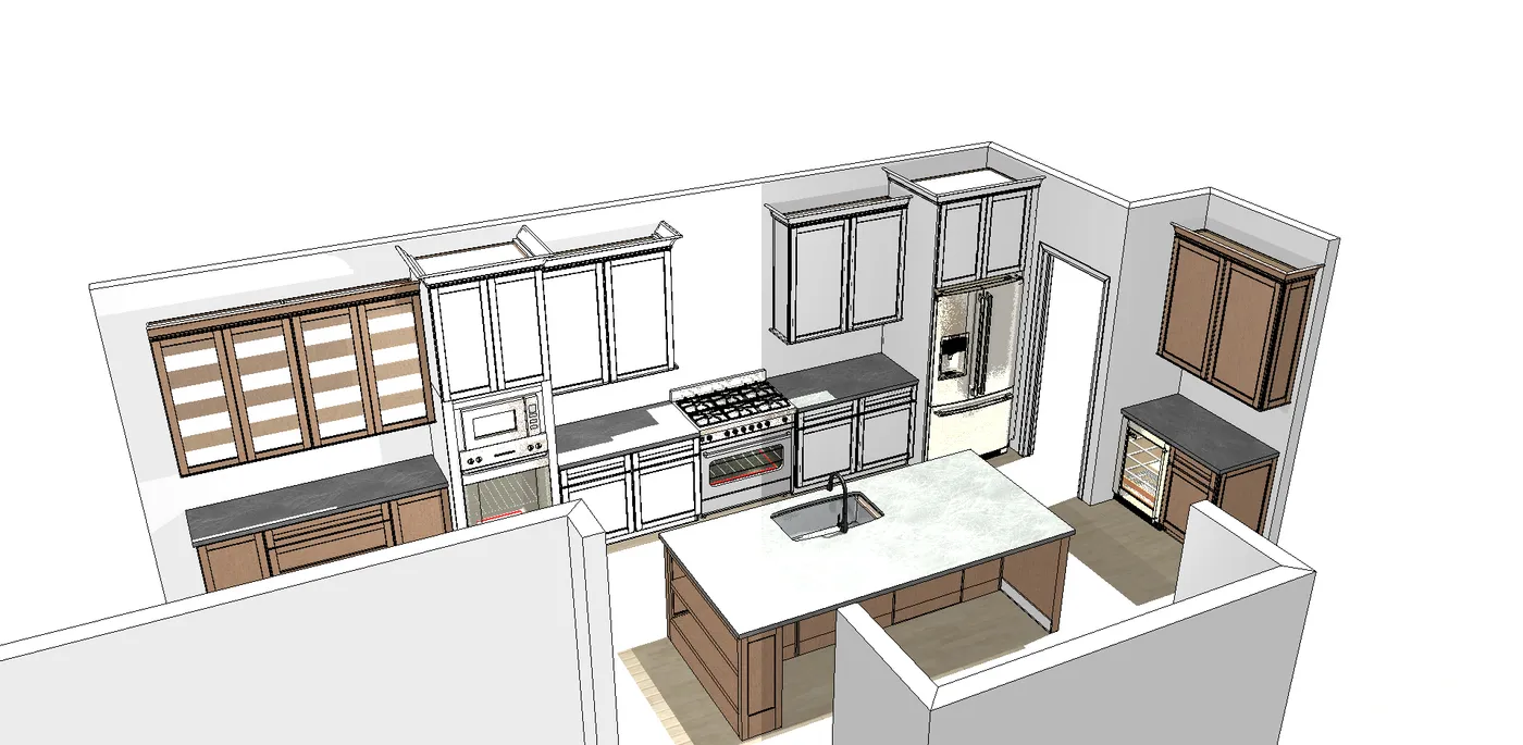 3D rendering of a kitchen design with island, wood and white cabinets