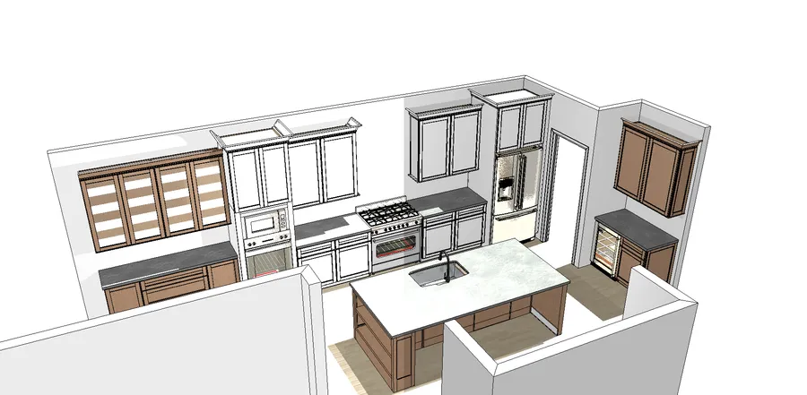 3D rendering of a kitchen design with island, wood and white cabinets