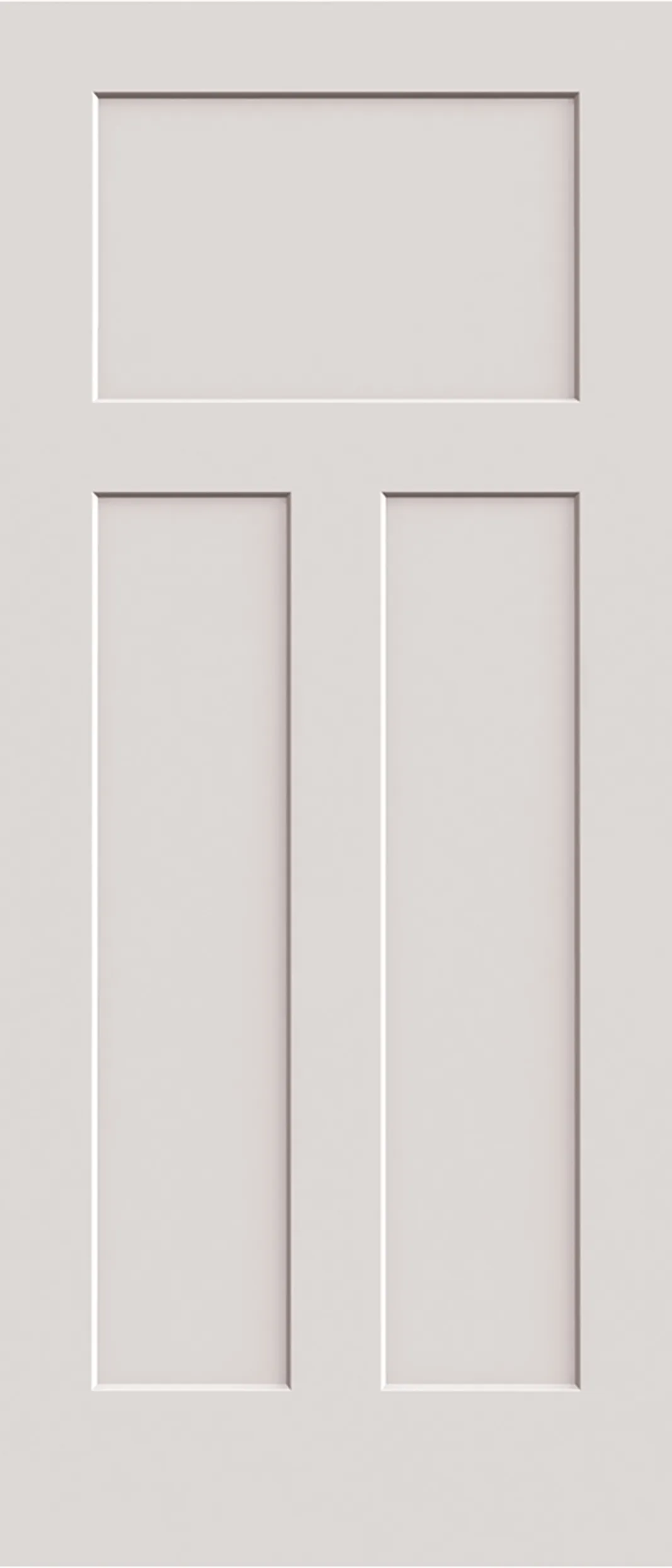White three-panel shaker interior door, one wide top panel over two tall panels