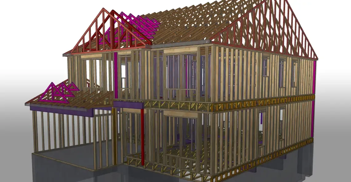 3D design model of a two-story house frame with wall panels and roof trusses
