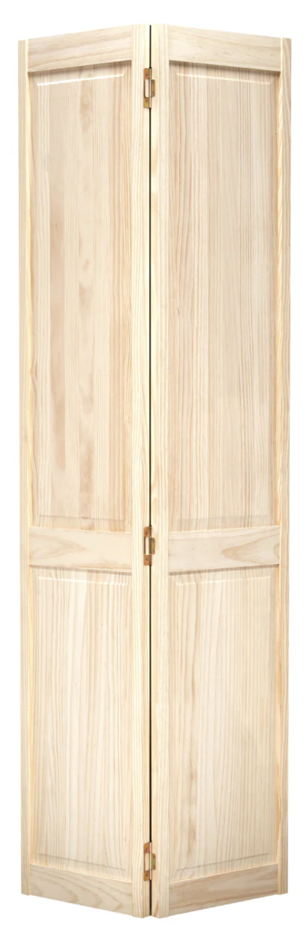 Unfinished light wood bifold closet door with two tall panels per leaf