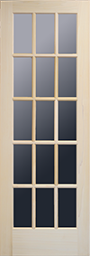 Unfinished light wood interior door with fifteen glass lites
