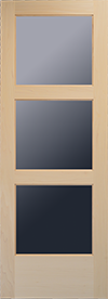 Unfinished light wood interior door with three stacked glass lites