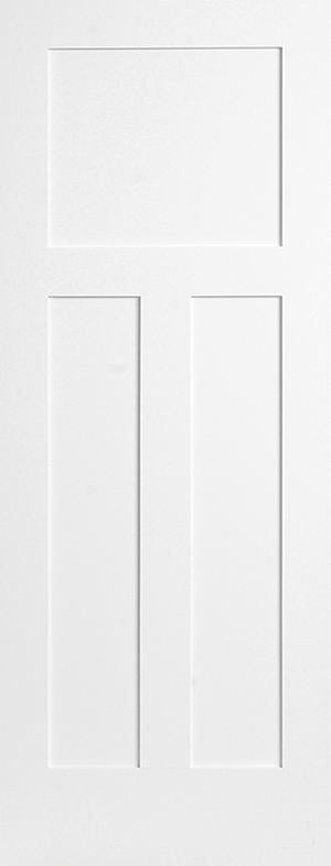 White three-panel shaker interior door with one wide top panel over two tall panels
