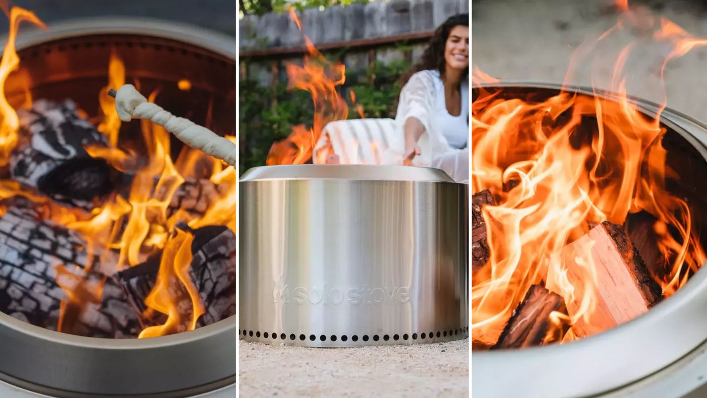 Stainless steel fire pit with burning logs, shown in three views